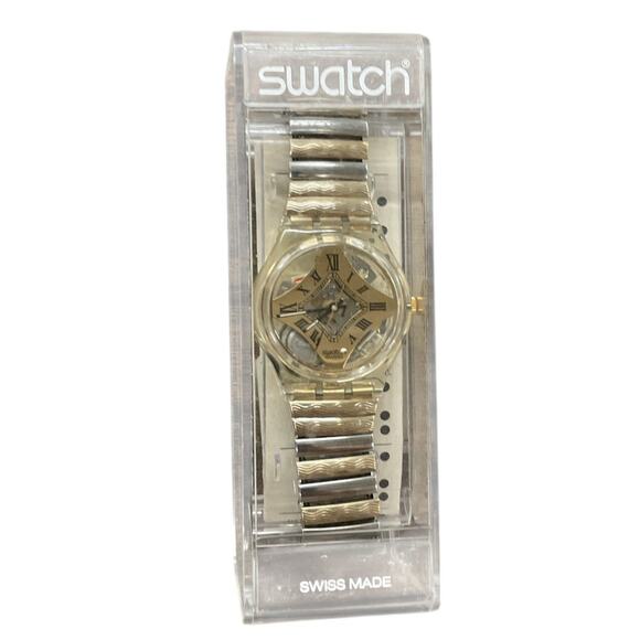 Swatch Watch WHITE ONYX Gk160 1993 Standard Gents Rare Golden Skeleton Dial NOS - Picture 5 of 5